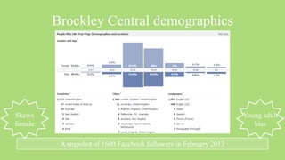 Brockley Central demographics




Skews                                                              Young adult
female                                                                bias

          A snapshot of 1600 Facebook followers in February 2013
 