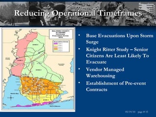 Reducing Operational Timeframes Base Evacuations Upon Storm Surge  Knight Ritter Study – Senior Citizens Are Least Likely To Evacuate Vendor Managed Warehousing Establishment of Pre-event Contracts 