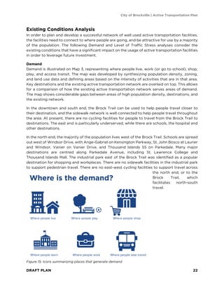 City of Brockville | Active Transportation Plan
DRAFT PLAN 22
Existing Conditions Analysis
In order to plan and develop a successful network of well used active transportation facilities,
the facilities need to connect to where people are going, and be attractive for use by a majority
of the population. The following Demand and Level of Traffic Stress analyses consider the
existing conditions that have a significant impact on the usage of active transportation facilities
in order to leverage future investment.
Demand
Demand is illustrated on Map 3, representing where people live, work (or go to school), shop,
play, and access transit. The map was developed by synthesizing population density, zoning,
and land use data and defining areas based on the intensity of activities that are in that area.
Key destinations and the existing active transportation network are overlaid on top. This allows
for a comparison of how the existing active transportation network serves areas of demand.
The map shows considerable gaps between areas of high population density, destinations, and
the existing network.
In the downtown and south end, the Brock Trail can be used to help people travel closer to
their destination, and the sidewalk network is well connected to help people travel throughout
the area. At present, there are no cycling facilities for people to travel from the Brock Trail to
destinations. The east end is particularly underserved, while there are schools, the hospital and
other destinations.
In the north end, the majority of the population lives west of the Brock Trail. Schools are spread
out west of Windsor Drive, with Ange-Gabriel on Kensington Parkway, St. John Bosco at Laurier
and Windsor, Vanier on Vanier Drive, and Thousand Islands SS on Parkedale. Many major
destinations are centred along Parkedale Avenue, including St. Lawrence College and
Thousand Islands Mall. The industrial park east of the Brock Trail was identified as a popular
destination for shopping and workplaces. There are no sidewalk facilities in the industrial park
to support pedestrian travel. There are no east-west cycling facilities to support travel across
the north end, or to the
Brock Trail, which
facilitates north-south
travel.
Figure 15. Icons summarizing places that generate demand
 