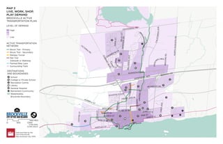 !
R !
R
!
R
!
R
!
R
HIGHWAY 401
HARTLEY ST
P
E
D
E
N
B
LVD
T
U
P
P
E
R
ST
M
IL
LW
O
O
D
A
V
E
C
E
N
T
R
E
S
T
F
IR
S
T
A
V
E
FRONT AVE W
F
E
R
G
U
S
O
N
D
R
JAMES ST E
ABBOTT ST
PA
RK
ST
PINE ST
CHURCH ST
D
A
N
A
ST
WAVERLY DR
BR
OO
ME
RD
C
R
O
C
K
ER CRES
B
R
I
D
L
E
W
O
O
D
D
R
O
R
M
O
N
D
S
T
SCHOFIELD AVE
B
E
L
E
Y
S
T
VICTO
RIA
RD
HUBBELL ST
PEARL ST W
KING ST W
LAURIER BLVD
P
E
R
T
H
S
T
NO
RT
H
AU
GU
ST
A
RD
KING ST E
CEDAR
ST
REYNOLDS DR
CENTENNIAL RD
PARKEDALE AVE
W
IN
D
S
O
R
D
R
BROCK ST
S
T
E
W
A
R
T
B
L
V
D
C
A
L
I
F
O
R
N
I
A
A
V
E
MAP 3
LIVE, WORK, SHOP,
PLAY DEMAND
LEVEL OF DEMAND
DESTINATIONS
AND BOUNDARIES
BROCKVILLE ACTIVE
TRANSPORTATION PLAN
Brock Trail - Primary
Brock Trail - Secondary
Railway Tunnel
Rail Trail
Sidewalk or Walkway
Painted Bike Lane
Surrounding Trails
School
College or Private School
Recreation Centre
Library
General Hospital
!
R Retirement Community
Waterbodies
Brockville Boundary
0 500 1,000
METRES
I
Data provided by the
City of Brockville.
Map produced July 2019.
4 MIN BIKE
12 MIN WALK
High
Low
ACTIVE TRANSPORTATION
NETWORK
 