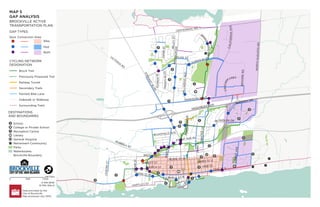 MAP 5
GAP ANALYSIS
CYCLING NETWORK
DESIGNATION
DESTINATIONS
AND BOUNDARIES
BROCKVILLE ACTIVE
TRANSPORTATION PLAN
Brock Trail
Previously Proposed Trail
Railway Tunnel
Secondary Trails
Painted Bike Lane
Sidewalk or Walkway
Surrounding Trails
School
College or Private School
Recreation Centre
Library
General Hospital
!
R Retirement Community
Parks
Waterbodies
Brockville Boundary
0 500 1,000
METRES
I
Data provided by the
City of Brockville.
Map produced July 2019.
4 MIN BIKE
12 MIN WALK
!
R !
R
!
R
!
R
!
R
HIGHWAY 401
HARTLEY ST
WATER ST W
P
E
D
E
N
B
L
V
D
T
U
P
P
E
R
S
T
M
IL
LW
O
O
D
A
V
E
C
E
N
T
R
E
S
T
F
IR
S
T
A
V
E
FRONT AVE W
F
E
R
G
U
S
O
N
D
R
JAMES ST E
ABBOTT ST
PAR
K
ST
PINE ST
CHURCH ST
DA
NA
ST
WAVERLY DR
BR
OO
ME
RD
C
R
O
C
K
E
R
CRES
B
R
I
D
L
E
W
O
O
D
D
R
DUKE ST
O
R
M
O
N
D
S
T
SCHOFIELD AVE
B
E
L
E
Y
S
T
VICTO
RIA
RD
HUBBELL ST
PEARL ST W
KING ST W
LAURIER BLVD
P
E
R
T
H
S
T
NO
RT
H
AU
GU
ST
A
RD
KING ST E
CEDAR
ST
REYNOLDS DR
CENTENNIAL RD
PARKEDALE AVE
W
IN
D
S
O
R
D
R
BROCK ST
S
T
E
W
A
R
T
B
L
V
D
C
A
L
I
F
O
R
N
I
A
A
V
E
GAP TYPES
Spot Connection Area
Bike
Ped
Both
 