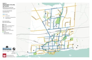 MAP 6
PROPOSED CYCLING
NETWORK
CYCLING NETWORK
DESIGNATION
DESTINATIONS
AND BOUNDARIES
BROCKVILLE ACTIVE
TRANSPORTATION PLAN
Spine
Connector
Crossing or Interesection
Improvement
School
College or Private School
Recreational Centre
Library
General Hospital
!
R Retirement Community
Parks
Waterbodies
Brockville Boundary
0 500 1,000
METRES
I
Data provided by the
City of Brockville. Map
produced September 2019.
4 MIN BIKE
12 MIN WALK
!
R !
R
!
R
!
R
!
R
HIGHWAY 401
HARTLEY ST
WATER ST W
P
E
D
E
N
B
L
V
D
T
U
P
P
E
R
S
T
M
IL
LW
O
O
D
A
V
E
C
E
N
T
R
E
S
T
F
IR
S
T
A
V
E
FRONT AVE W
F
E
R
G
U
S
O
N
D
R
JAMES ST E
ABBOTT ST
PAR
K
ST
PINE ST
CHURCH ST
DA
NA
ST
WAVERLY DR
BR
OO
ME
RD
C
R
O
C
K
E
R
CRES
B
R
I
D
L
E
W
O
O
D
D
R
DUKE ST
O
R
M
O
N
D
S
T
SCHOFIELD AVE
B
E
L
E
Y
S
T
VICTO
RIA
RD
HUBBELL ST
PEARL ST W
KING ST W
LAURIER BLVD
P
E
R
T
H
S
T
NO
RT
H
AU
GU
ST
A
RD
KING ST E
CEDAR
ST
REYNOLDS DR
CENTENNIAL RD
PARKEDALE AVE
W
IN
D
S
O
R
D
R
BROCK ST
S
T
E
W
A
R
T
B
L
V
D
C
A
L
I
F
O
R
N
I
A
A
V
E
 