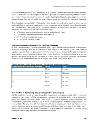 City of Brockville | Active Transportation Plan
DRAFT PLAN 54
For local roadways (class 4-6), the policy is to provide centre bare pavement when plowing
snow. This results in the turning lanes not being plowed during the initial pass of these streets
and results in snow accumulation along the curbs. Cycling facilities along the edge of pavement
are not cleared during this initial snow plowing pass with the current winter maintenance policy.
Overall, active transportation infrastructure that can be plowed with a truck or snow plow is
preferable from a maintenance perspective (as compared with a sidewalk plow). For sidewalks,
the City begins to clear them once 2 inches of snow has accumulated. The priority for which
sidewalks are cleared first is based on their location.
• 1st
Priority is downtown core and arterial and collector roads
• 2nd
Priority are school zones and transit routes
• 3rd
Priority are residential streets
• 4th
Priority is the Brock Trail
Minimum Maintenance Standards for Municipal Highways
In 2018, the Province of Ontario updated O. Reg. 239/02: Minimum Maintenance Standards for
Municipal Highways, part of the Municipal Act (Province of Ontario, 2018). The updated
regulation establishes non-prescriptive minimum maintenance standards for addressing snow
accumulation on on-road and in-boulevard cycling facilities. The following table sets out the
desired depth that snow should be equal to or less than, to provide a minimum bicycle lane
width of either one metre or the actual bicycle lane width – whichever is less.
Table 8. O. Reg. 239/02 Snow removal – Bicycle lane winter maintenance
Class of Highway/Adjacent Highway Depth Time
1 2.5 cm 8 hours
2 5 cm 12 hours
3 8 cm 24 hours
4 8 cm 24 hours
5 10 cm 24 hours
Best Practice in Maintaining Active Transportation Infrastructure
Maintaining the network protects the public investment, ensures adequate safety levels, and
supports a high quality of life for residents. Maintenance generally refers to the operations,
repair, and service standards. When considering a budget for a project, the ongoing costs are
often not included within that price tag. It needs to be recognized that these ongoing costs can
be significant for any type of municipal infrastructure project, and must be included when
making decisions about projects. Asset Management plans need to evolve as the city’s policy
and infrastructure changes. As such, new practices will have to be developed to respond to the
new types of bikeways being recommended in this plan.
 