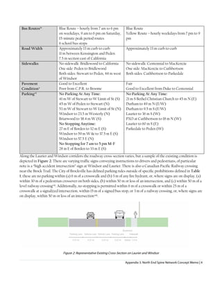Appendix 3. North End Spine Network Concept Memo | 4
Bus Routesiv Blue Route – hourly from 7 am to 6 pm
on weekdays, 9 am to 6 pm on Saturday,
15-minute peak period routes
6 school bus stops
Blue Route
Yellow Route – hourly weekdays from 7 pm to 9
pm
Road Width Approximately 13 m curb to curb
11 m between Kensington and Peden
7.5 m section east of California
Approximately 13 m curb to curb
Sidewalks No sidewalk: Bridlewood to California
One side: Peden to Bridlewood
Both sides: Stewart to Peden, 44 m west
of Windsor
No sidewalk: Centennial to MacKenzie
One side: MacKenzie to Cuthbertson
Both sides: Cuthbertson to Parkedale
Pavement
Conditionv
Good to Excellent
Poor from C.P.R. to Broome
Fair
Good to Excellent from Duke to Centennial
Parkingvi
No Parking At Any Time:
41 m W of Stewart to W Limit of St (S)
45 m W of Peden to Stewart (N)
53 m W of Stewart to W Limit of St (N)
Windsor to 23.5 m Westerly (N)
Briarwood to 38.4 m W (S)
No Stopping Anytime:
27 m E of Borden to 32 m E (S)
Windsor to 59 m W & to 37.5 m E (S)
Windsor to 57.5 E (N)
No Stopping for 7 am to 5 pm M-F
28 m E of Borden to 33 m E (S)
No Parking At Any Time:
21 m S Bethel Christian Church to 45 m N (E)
Durham to 49 m N (E/W)
Durham to 9.5 m S (E/W)
Laurier to 36 m S (W)
PXO at Cuthbertson to 18 m N (W)
Laurier to 60 m S (E)
Parkedale to Peden (W)
Along the Laurier and Windsor corridors the roadway cross-section varies, but a sample of the existing condition is
depicted in Figure 2. There are varying traffic signs conveying instructions to drivers and pedestrians, of particular
note is a “high accident intersection” sign at Windsor and Laurier. There is also a Canadian Pacific Railway crossing
near the Brock Trail. The City of Brockville has defined parking rules outside of specific prohibitions defined in Table
1, these are no parking within (a) 6 m of a crosswalk and (b) 3 m of any fire hydrant, or, where signs are on display, (a)
within 30 m of a pedestrian crossover on both sides, (b) within 50 m or less of an intersection, and (c) within 50 m of a
level railway crossingvii. Additionally, no stopping is permitted within 6 m of a crosswalk or within 25 m of a
crosswalk at a signalized intersection, within 15 m of a signed bus stop, or 3 m of a railway crossing, or, where signs are
on display, within 50 m or less of an intersectionviii.
Figure 2: Representative Existing Cross-Section on Laurier and Windsor
 