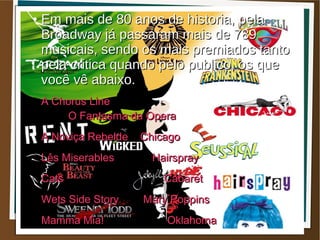 ●   Em mais de 80 anos de historia, pela
    Broadway já passaram mais de 789
    musicais, sendo os mais premiados tanto
    pela critica quando pelo publico, os que
    você vê abaixo.
    A Chorus Line
        O Fantasma da Opera
    A Noviça Rebelde   Chicago
    Lês Miserables       Hairspray
    Cats                   Cabaret
    Wets Side Story    Mary Poppins
    Mamma Mia!             Oklahoma
 