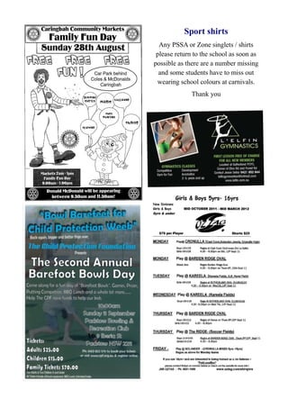 Sport shirts
  Any PSSA or Zone singlets / shirts
 please return to the school as soon as
possible as there are a number missing
  and some students have to miss out
 wearing school colours at carnivals.
              Thank you
 