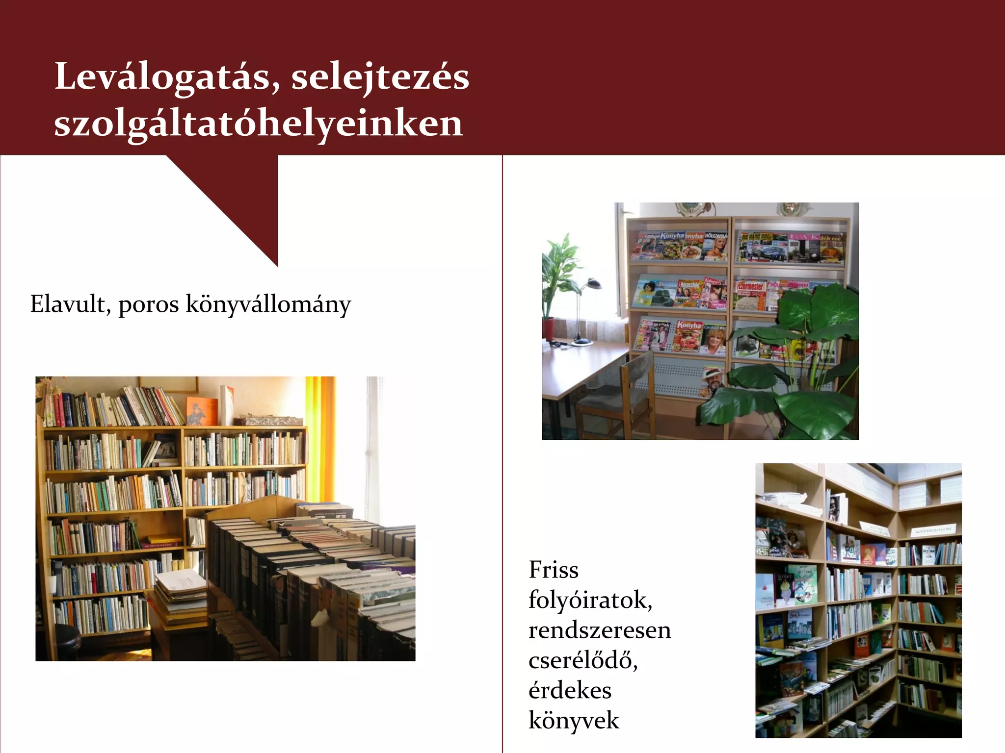 Leválogatás, selejtezés
  szolgáltatóhelyeinken



Elavult, poros könyvállomány




                               Friss
                               folyóiratok,
                               rendszeresen
                               cserélődő,
                               érdekes
                               könyvek
 