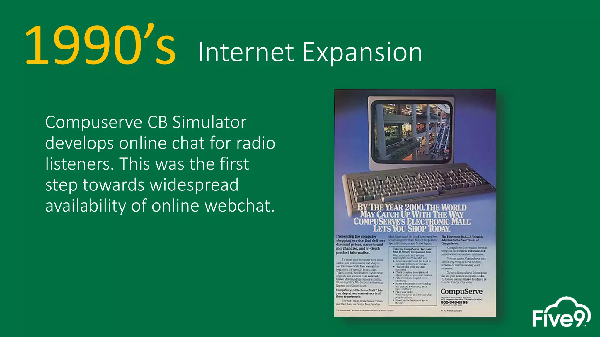 Compuserve CB Simulator
develops online chat for radio
listeners. This was the first
step towards widespread
availability of online webchat.
1990’s Internet Expansion
 
