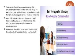  Teachers should also understand the
situations their students’ families may be
experiencing, including social and economic
factors that are part of the various systems.
 According to the theory, if parents and
teachers have a good relationship, this
should positively shape the child’s
development.
 Likewise, the child must be active in their
learning, both academically and socially
 