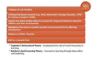 Critique of Lab Studies
Criticized lab-based research (e.g., Mary Ainsworth’s Strange Situation, 1970)
for lacking ecological validity.
Argued that these studies failed to account for reciprocal influences between
children and their environments.
Highlighted the need to consider broader environmental forces affecting
development.
Influence of Other Theories
Built on concepts from:
• Vygotsky’s Sociocultural Theory – Emphasized the role of social interaction in
learning.
• Bandura’s Social Learning Theory – Focused on learning through observation
and modeling.
 