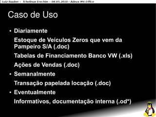 Caso de Uso
●   Diariamente
    Estoque de Veículos Zeros que vem da
    Pampeiro S/A (.doc)
    Tabelas de Financiamento Banco VW (.xls)
    Ações de Vendas (.doc)
●   Semanalmente
    Transação papelada locação (.doc)
●   Eventualmente
    Informativos, documentação interna (.od*)
 