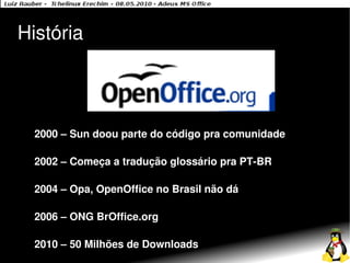 História




  2000 – Sun doou parte do código pra comunidade

  2002 – Começa a tradução glossário pra PT-BR

  2004 – Opa, OpenOffice no Brasil não dá

  2006 – ONG BrOffice.org

  2010 – 50 Milhões de Downloads
 