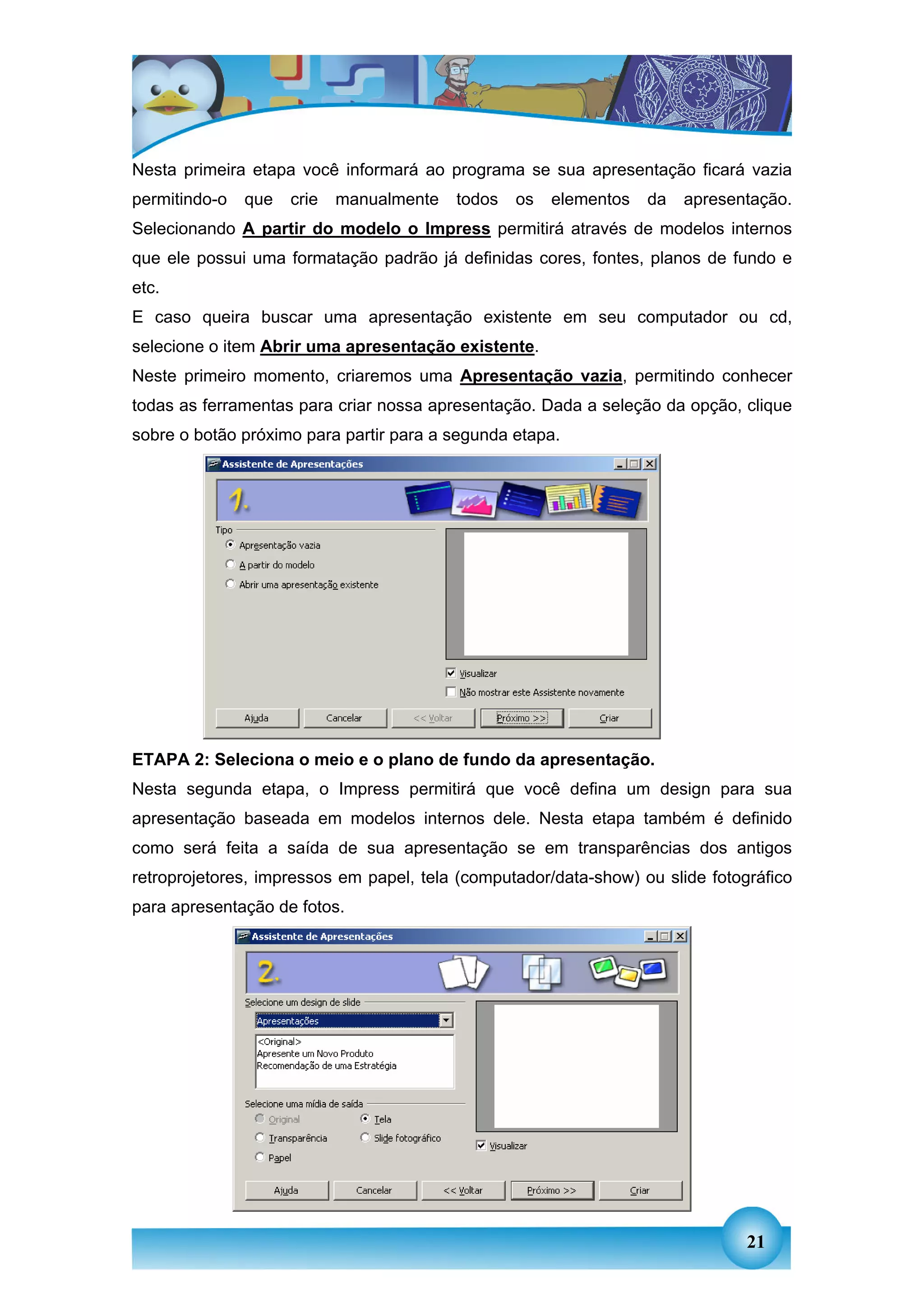 Nesta primeira etapa você informará ao programa se sua apresentação ficará vazia
permitindo-o   que   crie   manualmente   todos   os   elementos   da   apresentação.
Selecionando A partir do modelo o Impress permitirá através de modelos internos
que ele possui uma formatação padrão já definidas cores, fontes, planos de fundo e
etc.
E caso queira buscar uma apresentação existente em seu computador ou cd,
selecione o item Abrir uma apresentação existente.
Neste primeiro momento, criaremos uma Apresentação vazia, permitindo conhecer
todas as ferramentas para criar nossa apresentação. Dada a seleção da opção, clique
sobre o botão próximo para partir para a segunda etapa.




ETAPA 2: Seleciona o meio e o plano de fundo da apresentação.
Nesta segunda etapa, o Impress permitirá que você defina um design para sua
apresentação baseada em modelos internos dele. Nesta etapa também é definido
como será feita a saída de sua apresentação se em transparências dos antigos
retroprojetores, impressos em papel, tela (computador/data-show) ou slide fotográfico
para apresentação de fotos.




                                                                               21
 