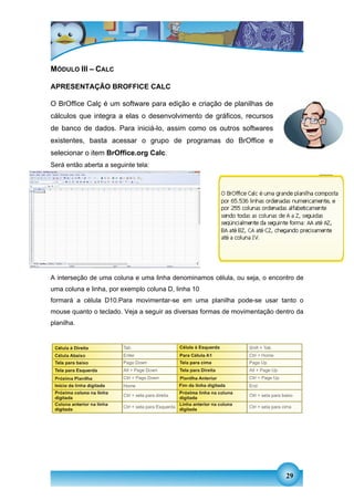 MÓDULO III – CALC

APRESENTAÇÃO BROFFICE CALC

O BrOffice Calç é um software para edição e criação de planilhas de
cálculos que integra a elas o desenvolvimento de gráficos, recursos
de banco de dados. Para iniciá-lo, assim como os outros softwares
existentes, basta acessar o grupo de programas do BrOffice e
selecionar o item BrOffice.org Calc.
Será então aberta a seguinte tela:




A interseção de uma coluna e uma linha denominamos célula, ou seja, o encontro de
uma coluna e linha, por exemplo coluna D, linha 10
formará a célula D10.Para movimentar-se em uma planilha pode-se usar tanto o
mouse quanto o teclado. Veja a seguir as diversas formas de movimentação dentro da
planilha.




                                                                            29
 
