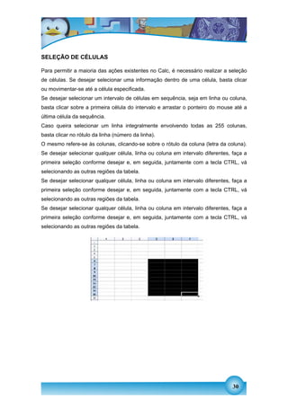 SELEÇÃO DE CÉLULAS

Para permitir a maioria das ações existentes no Calc, é necessário realizar a seleção
de células. Se desejar selecionar uma informação dentro de uma célula, basta clicar
ou movimentar-se até a célula especificada.
Se desejar selecionar um intervalo de células em sequência, seja em linha ou coluna,
basta clicar sobre a primeira célula do intervalo e arrastar o ponteiro do mouse até a
última célula da sequência.
Caso queira selecionar um linha integralmente envolvendo todas as 255 colunas,
basta clicar no rótulo da linha (número da linha).
O mesmo refere-se às colunas, clicando-se sobre o rótulo da coluna (letra da coluna).
Se desejar selecionar qualquer célula, linha ou coluna em intervalo diferentes, faça a
primeira seleção conforme desejar e, em seguida, juntamente com a tecla CTRL, vá
selecionando as outras regiões da tabela.
Se desejar selecionar qualquer célula, linha ou coluna em intervalo diferentes, faça a
primeira seleção conforme desejar e, em seguida, juntamente com a tecla CTRL, vá
selecionando as outras regiões da tabela.
Se desejar selecionar qualquer célula, linha ou coluna em intervalo diferentes, faça a
primeira seleção conforme desejar e, em seguida, juntamente com a tecla CTRL, vá
selecionando as outras regiões da tabela.




                                                                                30
 
