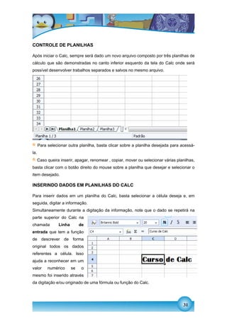CONTROLE DE PLANILHAS

Após iniciar o Calc, sempre será dado um novo arquivo composto por três planilhas de
cálculo que são demonstradas no canto inferior esquerdo da tela do Calc onde será
possível desenvolver trabalhos separados e salvos no mesmo arquivo.




      Para selecionar outra planilha, basta clicar sobre a planilha desejada para acessá-
la.
      Caso queira inserir, apagar, renomear , copiar, mover ou selecionar várias planilhas,
basta clicar com o botão direito do mouse sobre a planilha que desejar e selecionar o
item desejado.

INSERINDO DADOS EM PLANILHAS DO CALC

Para inserir dados em um planilha do Calc, basta selecionar a célula deseja e, em
seguida, digitar a informação.
Simultaneamente durante a digitação da informação, note que o dado se repetirá na
parte superior do Calc na
chamada          Linha        de
entrada que tem a função
de      descrever   de   forma
original todos os dados
referentes a célula. Isso
ajuda a reconhecer em um
valor      numérico      se    o
mesmo foi inserido através
da digitação e/ou originado de uma fórmula ou função do Calc.




                                                                                    31
 