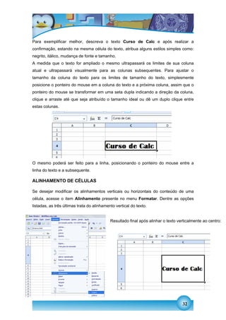 Para exemplificar melhor, descreva o texto Curso de Calc e após realizar a
confirmação, estando na mesma célula do texto, atribua alguns estilos simples como:
negrito, itálico, mudança de fonte e tamanho.
A medida que o texto for ampliado o mesmo ultrapassará os limites de sua coluna
atual e ultrapassará visualmente para as colunas subsequentes. Para ajustar o
tamanho da coluna do texto para os limites de tamanho do texto, simplesmente
posicione o ponteiro do mouse em a coluna do texto e a próxima coluna, assim que o
ponteiro do mouse se transformar em uma seta dupla indicando a direção da coluna,
clique e arraste até que seja atribuído o tamanho ideal ou dê um duplo clique entre
estas colunas.




O mesmo poderá ser feito para a linha, posicionando o ponteiro do mouse entre a
linha do texto e a subsequente.

ALINHAMENTO DE CÉLULAS

Se desejar modificar os alinhamentos verticais ou horizontais do conteúdo de uma
célula, acesse o item Alinhamento presente no menu Formatar. Dentre as opções
listadas, as três últimas trata do alinhamento vertical do texto.


                                            Resultado final após alinhar o texto verticalmente ao centro:




                                                                                   32
 