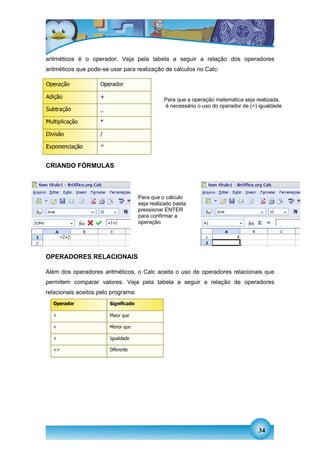 aritméticos é o operador. Veja pela tabela a seguir a relação dos operadores
aritméticos que pode-se usar para realização de cálculos no Calc:




                                               Para que a operação matemática seja realizada,
                                               é necessário o uso do operador de (=) igualdade




.



CRIANDO FÓRMULAS



                                     Para que o cálculo
                                     seja realizado basta
                                     pressionar ENTER
                                     para confirmar a
                                     operação.




OPERADORES RELACIONAIS

Além dos operadores aritméticos, o Calc aceita o uso de operadores relacionais que
permitem comparar valores. Veja pela tabela a seguir a relação de operadores
relacionais aceitos pelo programa:




                                                                                    34
 