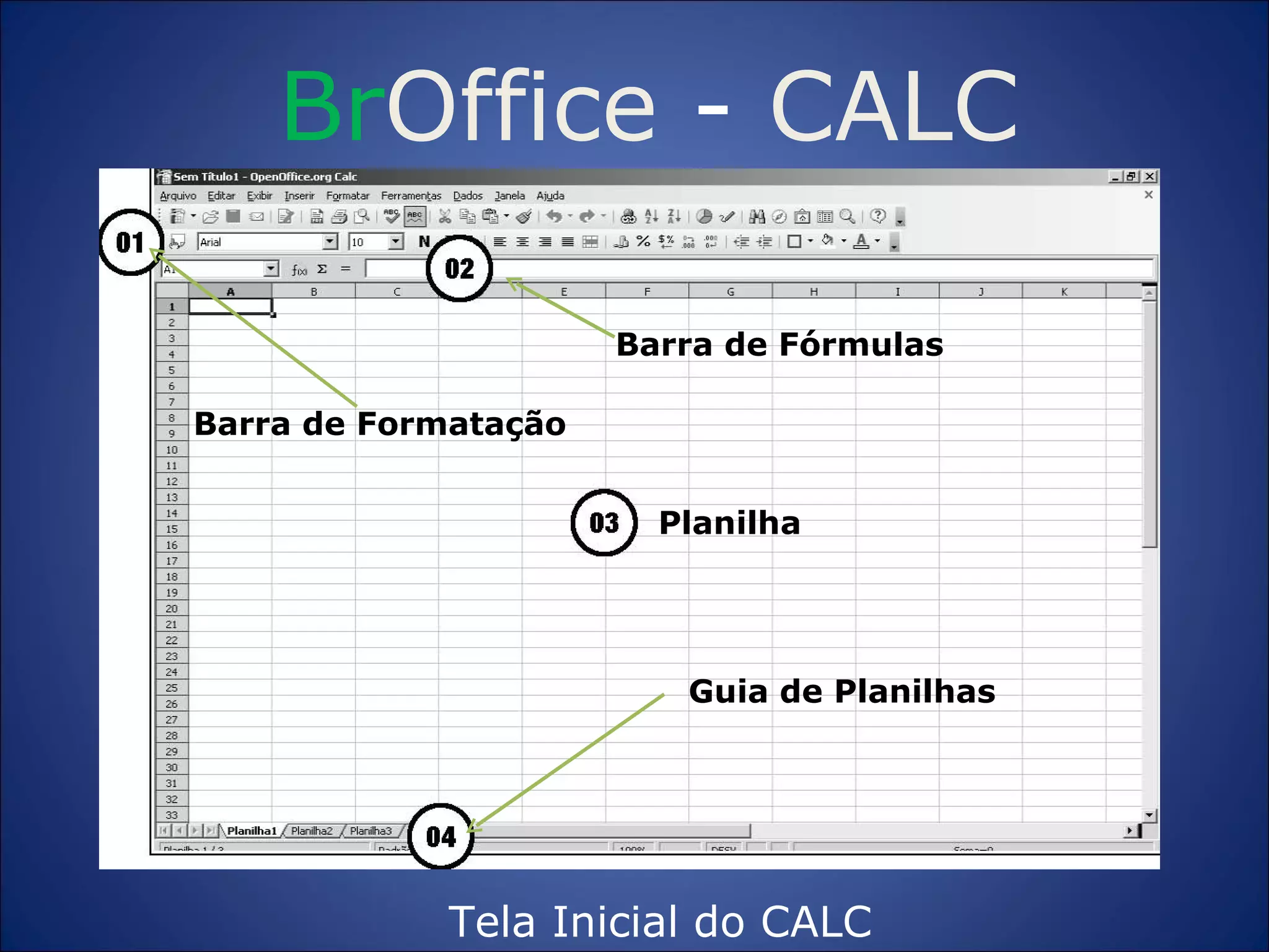 Br Office  -  CALC Tela Inicial do CALC Barra de Fórmulas Planilha Guia de Planilhas Barra de Formatação 