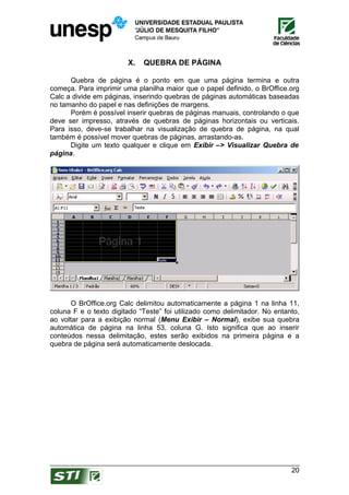 X.   QUEBRA DE PÁGINA

      Quebra de página é o ponto em que uma página termina e outra
começa. Para imprimir uma planilha maior que o papel definido, o BrOffice.org
Calc a divide em páginas, inserindo quebras de páginas automáticas baseadas
no tamanho do papel e nas definições de margens.
      Porém é possível inserir quebras de páginas manuais, controlando o que
deve ser impresso, através de quebras de páginas horizontais ou verticais.
Para isso, deve-se trabalhar na visualização de quebra de página, na qual
também é possível mover quebras de páginas, arrastando-as.
      Digite um texto qualquer e clique em Exibir –> Visualizar Quebra de
página.




      O BrOffice.org Calc delimitou automaticamente a página 1 na linha 11,
coluna F e o texto digitado “Teste” foi utilizado como delimitador. No entanto,
ao voltar para a exibição normal (Menu Exibir – Normal), exibe sua quebra
automática de página na linha 53, coluna G. Isto significa que ao inserir
conteúdos nessa delimitação, estes serão exibidos na primeira página e a
quebra de página será automaticamente deslocada.




                                                                            20
 