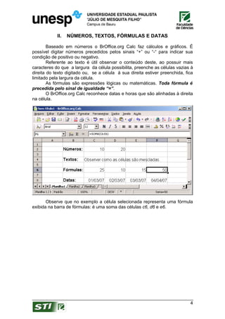 II.   NÚMEROS, TEXTOS, FÓRMULAS E DATAS

        Baseado em números o BrOffice.org Calc faz cálculos e gráficos. É
possível digitar números precedidos pelos sinais “+” ou “-“ para indicar sua
condição de positivo ou negativo.
        Referente ao texto é útil observar o conteúdo deste, ao possuir mais
caracteres do que a largura da célula possibilita, preenche as células vazias à
direita do texto digitado ou, se a célula à sua direita estiver preenchida, fica
limitado pela largura da célula.
        As fórmulas são expressões lógicas ou matemáticas. Toda fórmula é
precedida pelo sinal de igualdade “=”.
        O BrOffice.org Calc reconhece datas e horas que são alinhadas à direita
na célula.




       Observe que no exemplo a célula selecionada representa uma fórmula
exibida na barra de fórmulas: é uma soma das células c6, d6 e e6.




                                                                              4
 