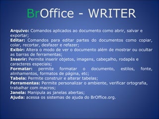 Br Office  -  WRITER Arquivo:  Comandos aplicados ao documento como abrir, salvar e exportar; Editar:  Comandos para editar partes do documentos como copiar, colar, recortar, desfazer e refazer; Exibir:  Altera o modo de ver o documento além de mostrar ou ocultar as barras de ferramentas; Inserir:  Permite inserir objetos, imagens, cabeçalho, rodapés e caracteres especiais; Formatar:  permite formatar o documento, estilos, fonte, alinhamentos, formatos de página, etc; Tabela:  Permite construir e alterar tabelas; Ferramentas:  Permite personalizar o ambiente, verificar ortografia, trabalhar com macros; Janela:  Manipula as janelas abertas; Ajuda:  acessa os sistemas de ajuda do BrOffice.org. 