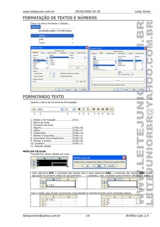 www.leitejunior.com.br 29/09/2009 20:39 Leite Júnior
FORMATAÇÃO DE TEXTOS E NÚMEROS
Clicar no menu Formatar / Células...
FORMATANDO TEXTO
Usando a barra de ferramenta Formatação.
1. Estilos e formatação.....................(F11)
2. Nome da fonte
3. Tamanho da fonte
4. Negrito.......................................(CTRL+B)
5. Itálico.........................................(CTRL+I)
6. Sublinhado..................................(CTRL+U)
7. Alinhar à esquerda.......................(CTRL+L)
8. Centralizar horizontalmente...........(CTRL+E)
9. Alinhar a direita...........................(CTRL+R)
10. Justificar....................................(CTRL+J)
11. Mesclar células
MESCLAR CÉLULAS
Transformar várias células em uma.
Caso selecione SIM, o conteúdo das células será
agrupado na primeira célula do agrupamento.
Caso selecione NÃO, o conteúdo das células NÃO serão
perdidos, mas, ocultados pela primeira célula com dados.
Caso o botão seja clicado novamente a formatação é retirada ficando como mostrado abaixo.
leitejuniorbr@yahoo.com.br 19 BrOffice Calc 2.4
 