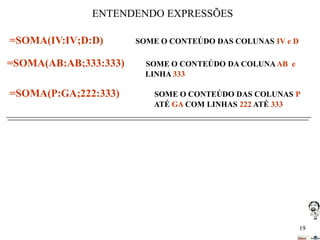 ENTENDENDO EXPRESSÕES
=SOMA(IV:IV;D:D)
=SOMA(AB:AB;333:333)

=SOMA(P:GA;222:333)

SOME O CONTEÚDO DAS COLUNAS IV e D
SOME O CONTEÚDO DA COLUNA AB e
LINHA 333

SOME O CONTEÚDO DAS COLUNAS P
ATÉ GA COM LINHAS 222 ATÉ 333

19

 