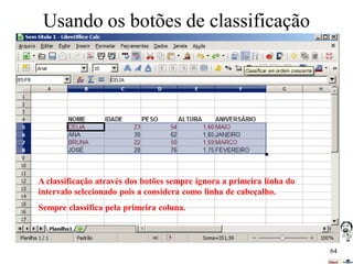 Usando os botões de classificação

A classificação através dos botões sempre ignora a primeira linha do
intervalo selecionado pois a considera como linha de cabeçalho.
Sempre classifica pela primeira coluna.

64

 
