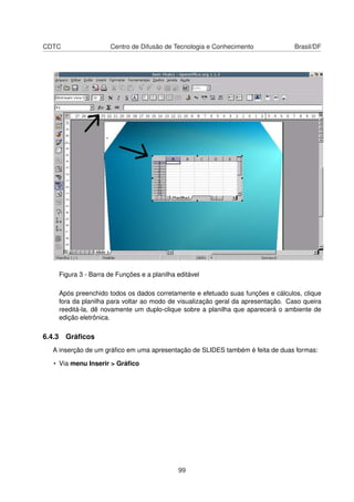 CDTC                 Centro de Difusão de Tecnologia e Conhecimento               Brasil/DF




    Figura 3 - Barra de Funções e a planilha editável

    Após preenchido todos os dados corretamente e efetuado suas funções e cálculos, clique
    fora da planilha para voltar ao modo de visualização geral da apresentação. Caso queira
    reeditá-la, dê novamente um duplo-clique sobre a planilha que aparecerá o ambiente de
    edição eletrônica.

6.4.3 Gráﬁcos
  A inserção de um gráﬁco em uma apresentação de SLIDES também é feita de duas formas:

  • Via menu Inserir > Gráﬁco




                                             99
 