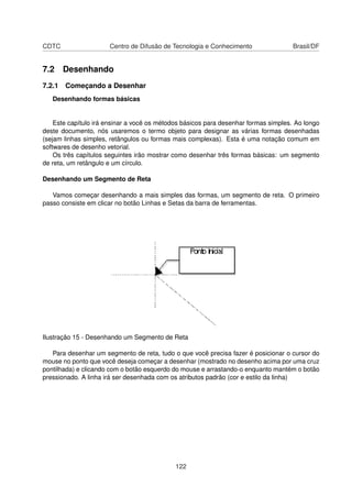 CDTC                  Centro de Difusão de Tecnologia e Conhecimento                 Brasil/DF


7.2 Desenhando
7.2.1 Começando a Desenhar
   Desenhando formas básicas


    Este capítulo irá ensinar a você os métodos básicos para desenhar formas simples. Ao longo
deste documento, nós usaremos o termo objeto para designar as várias formas desenhadas
(sejam linhas simples, retângulos ou formas mais complexas). Esta é uma notação comum em
softwares de desenho vetorial.
    Os três capítulos seguintes irão mostrar como desenhar três formas básicas: um segmento
de reta, um retângulo e um círculo.

Desenhando um Segmento de Reta

   Vamos começar desenhando a mais simples das formas, um segmento de reta. O primeiro
passo consiste em clicar no botão Linhas e Setas da barra de ferramentas.




Ilustração 15 - Desenhando um Segmento de Reta

   Para desenhar um segmento de reta, tudo o que você precisa fazer é posicionar o cursor do
mouse no ponto que você deseja começar a desenhar (mostrado no desenho acima por uma cruz
pontilhada) e clicando com o botão esquerdo do mouse e arrastando-o enquanto mantém o botão
pressionado. A linha irá ser desenhada com os atributos padrão (cor e estilo da linha)




                                             122
 