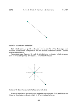CDTC                   Centro de Difusão de Tecnologia e Conhecimento                Brasil/DF




Ilustração 16 - Segmento Selecionado

   Solte o botão do mouse quando você quiser parar de desenhar a linha. Duas alças azuis
ou verdes localizadas em cada ponta da linha irão aparecer, mostrando que este é o objeto
atualmente selecionado.
   As cores das alças dependem do modo de seleção (serão verdes para seleção simples e
azuis no modo editar pontos). Olhe a página... para mais informações.




Ilustração 17 - Desenhando uma Linha Reta com a tecla Shift

    Enquanto desenha um segmento de reta, se você pressionar a tecla [Shift], você irá forçar a
linha a ser desenhada num ângulo múltiplo de 45° em relação a horizontal.


                                             123
 