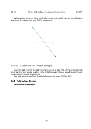 CDTC                  Centro de Difusão de Tecnologia e Conhecimento               Brasil/DF


   Na Ilustração a acima, as linhas pontilhadas mostram os ângulos que são permitidos para
segmentos de reta quando a tecla [Shift] é pressionada.




Ilustração 19 - Desenhando uma Linha com a tecla [Alt]

   Enquanto você desenha, se você manter pressionada a tecla [Alt], a linha será desenhada
simetricamente com relação ao ponto inicial. Esta técnica permite que o usuário desenhe seg-
mentos de reta iniciando pelo seu meio.
   Você pode adicionar os efeitos da tecla [Alt] aqueles das teclas [Shift] ou [Ctrl].

7.2.2 Retângulos e Círculos
   Desenhando um Retângulo




                                             124
 