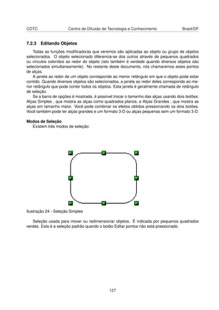 CDTC                  Centro de Difusão de Tecnologia e Conhecimento                Brasil/DF


7.2.3 Editando Objetos
   Todas as funções modiﬁcadoras que veremos são aplicadas ao objeto ou grupo de objetos
selecionados. O objeto selecionado diferencia-se dos outros através de pequenos quadrados
ou círculos coloridos ao redor do objeto (isto também é verdade quando diversos objetos são
selecionados simultaneamente). No restante deste documento, nós chamaremos estes pontos
de alças.
   A janela ao redor de um objeto corresponde ao menor retângulo em que o objeto pode estar
contido. Quando diversos objetos são selecionados, a janela ao redor deles corresponde ao me-
nor retângulo que pode conter todos os objetos. Esta janela é geralmente chamada de retângulo
de seleção.
   Se a barra de opções é mostrada, é possível trocar o tamanho das alças usando dois botões:
Alças Simples , que mostra as alças como quadrados planos, e Alças Grandes , que mostra as
alças em tamanho maior. Você pode combinar os efeitos obtidos pressionando os dois botões.
Você também pode ter alças grandes e um formato 3-D ou alças pequenas sem um formato 3-D.

Modos de Seleção
  Existem três modos de seleção:




Ilustração 24 - Seleção Simples

   Seleção usada para mover ou redimensionar objetos. É indicada por pequenos quadrados
verdes. Esta é a seleção padrão quando o botão Editar pontos não está pressionado.




                                            127
 