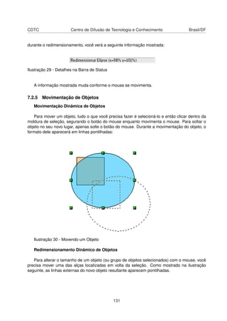 CDTC                   Centro de Difusão de Tecnologia e Conhecimento                Brasil/DF


durante o redimensionamento, você verá a seguinte informação mostrada:




Ilustração 29 - Detalhes na Barra de Status


   A informação mostrada muda conforme o mouse se movimenta.

7.2.5 Movimentação de Objetos
   Movimentação Dinâmica de Objetos

   Para mover um objeto, tudo o que você precisa fazer é selecioná-lo e então clicar dentro da
moldura de seleção, segurando o botão do mouse enquanto movimenta o mouse. Para soltar o
objeto no seu novo lugar, apenas solte o botão do mouse. Durante a movimentação do objeto, o
formato dele aparecerá em linhas pontilhadas:




   Ilustração 30 - Movendo um Objeto

   Redimensionamento Dinâmico de Objetos

   Para alterar o tamanho de um objeto (ou grupo de objetos selecionados) com o mouse, você
precisa mover uma das alças localizadas em volta da seleção. Como mostrado na ilustração
seguinte, as linhas externas do novo objeto resultante aparecem pontilhadas.




                                              131
 