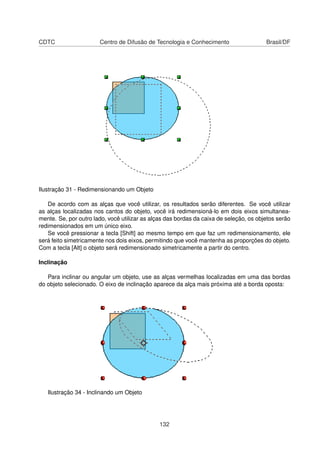 CDTC                   Centro de Difusão de Tecnologia e Conhecimento                   Brasil/DF




Ilustração 31 - Redimensionando um Objeto

   De acordo com as alças que você utilizar, os resultados serão diferentes. Se você utilizar
as alças localizadas nos cantos do objeto, você irá redimensioná-lo em dois eixos simultanea-
mente. Se, por outro lado, você utilizar as alças das bordas da caixa de seleção, os objetos serão
redimensionados em um único eixo.
   Se você pressionar a tecla [Shift] ao mesmo tempo em que faz um redimensionamento, ele
será feito simetricamente nos dois eixos, permitindo que você mantenha as proporções do objeto.
Com a tecla [Alt] o objeto será redimensionado simetricamente a partir do centro.

Inclinação

   Para inclinar ou angular um objeto, use as alças vermelhas localizadas em uma das bordas
do objeto selecionado. O eixo de inclinação aparece da alça mais próxima até a borda oposta:




   Ilustração 34 - Inclinando um Objeto




                                               132
 