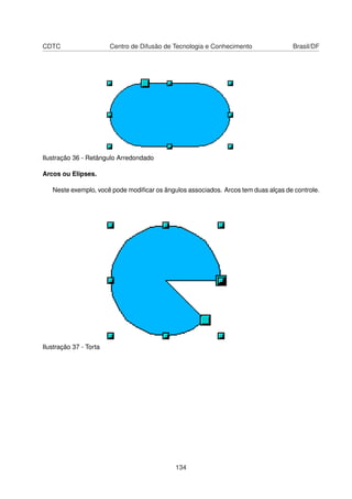CDTC                    Centro de Difusão de Tecnologia e Conhecimento              Brasil/DF




Ilustração 36 - Retângulo Arredondado

Arcos ou Elipses.

   Neste exemplo, você pode modiﬁcar os ângulos associados. Arcos tem duas alças de controle.




Ilustração 37 - Torta




                                             134
 