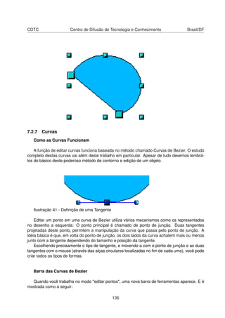 CDTC                  Centro de Difusão de Tecnologia e Conhecimento                Brasil/DF




7.2.7 Curvas
   Como as Curvas Funcionam

    A função de editar curvas funciona baseada no método chamado Curvas de Bezier. O estudo
completo destas curvas vai além deste trabalho em particular. Apesar de tudo devemos lembrá-
los do básico deste poderoso método de contorno e edição de um objeto.




   Ilustração 41 - Deﬁnição de uma Tangente

    Editar um ponto em uma curva de Bezier utiliza vários mecanismos como os representados
no desenho a esquerda: O ponto principal é chamado de ponto de junção. Duas tangentes
projetadas deste ponto, permitem a manipulação da curva que passa pelo ponto de junção. A
idéia básica é que, em volta do ponto de junção, os dois lados da curva achatem mais ou menos
junto com a tangente dependendo do tamanho e posição da tangente.
    Escolhendo precisamente o tipo de tangente, e movendo-a com o ponto de junção e as duas
tangentes com o mouse (através das alças circulares localizadas no ﬁm de cada uma), você pode
criar todos os tipos de formas.


   Barra das Curvas de Bezier

  Quando você trabalha no modo "editar pontos", uma nova barra de ferramentas aparece. E é
mostrada como a seguir:

                                              136
 