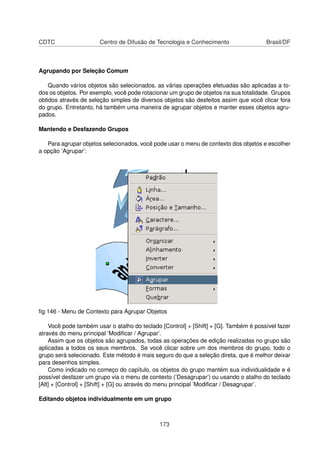 CDTC                   Centro de Difusão de Tecnologia e Conhecimento                 Brasil/DF



Agrupando por Seleção Comum

    Quando vários objetos são selecionados, as várias operações efetuadas são aplicadas a to-
dos os objetos. Por exemplo, você pode rotacionar um grupo de objetos na sua totalidade. Grupos
obtidos através de seleção simples de diversos objetos são desfeitos assim que você clicar fora
do grupo. Entretanto, há também uma maneira de agrupar objetos e manter esses objetos agru-
pados.

Mantendo e Desfazendo Grupos

   Para agrupar objetos selecionados, você pode usar o menu de contexto dos objetos e escolher
a opção ’Agrupar’:




ﬁg 146 - Menu de Contexto para Agrupar Objetos

    Você pode também usar o atalho do teclado [Control] + [Shift] + [G]. Também é possível fazer
através do menu principal ’Modiﬁcar / Agrupar’.
    Assim que os objetos são agrupados, todas as operações de edição realizadas no grupo são
aplicadas a todos os seus membros. Se você clicar sobre um dos membros do grupo, todo o
grupo será selecionado. Este método é mais seguro do que a seleção direta, que é melhor deixar
para desenhos simples.
    Como indicado no começo do capítulo, os objetos do grupo mantém sua individualidade e é
possível desfazer um grupo via o menu de contexto (’Desagrupar’) ou usando o atalho do teclado
[Alt] + [Control] + [Shift] + [G] ou através do menu principal ’Modiﬁcar / Desagrupar’.

Editando objetos individualmente em um grupo



                                              173
 
