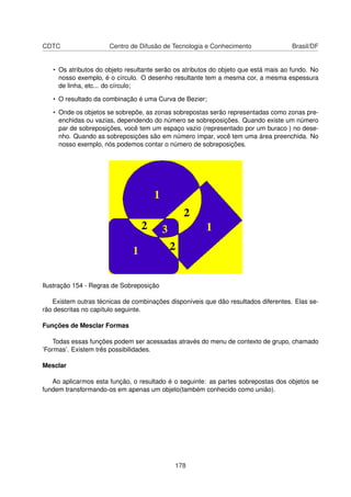 CDTC                  Centro de Difusão de Tecnologia e Conhecimento                Brasil/DF


   • Os atributos do objeto resultante serão os atributos do objeto que está mais ao fundo. No
     nosso exemplo, é o círculo. O desenho resultante tem a mesma cor, a mesma espessura
     de linha, etc... do círculo;

   • O resultado da combinação é uma Curva de Bezier;

   • Onde os objetos se sobrepõe, as zonas sobrepostas serão representadas como zonas pre-
     enchidas ou vazias, dependendo do número se sobreposições. Quando existe um número
     par de sobreposições, você tem um espaço vazio (representado por um buraco ) no dese-
     nho. Quando as sobreposições são em número ímpar, você tem uma área preenchida. No
     nosso exemplo, nós podemos contar o número de sobreposições.




Ilustração 154 - Regras de Sobreposição

   Existem outras técnicas de combinações disponíveis que dão resultados diferentes. Elas se-
rão descritas no capítulo seguinte.

Funções de Mesclar Formas

    Todas essas funções podem ser acessadas através do menu de contexto de grupo, chamado
’Formas’. Existem três possibilidades.

Mesclar

   Ao aplicarmos esta função, o resultado é o seguinte: as partes sobrepostas dos objetos se
fundem transformando-os em apenas um objeto(também conhecido como união).




                                            178
 