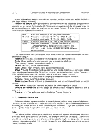 CDTC                   Centro de Difusão de Tecnologia e Conhecimento                Brasil/DF


    Abaixo descrevemos as propriedades mais utilizadas (lembrando que elas variam de acordo
com o tipo de dado escolhido):
    Tamanho do campo: serve para controlar o número máximo de caracteres que podem ser
inseridos em um campo Texto (aceita até 255 caracteres) ou para controlar o intervalo e tipo de
valores numéricos que podem ser inseridos em um campo Número. A tabela abaixo mostra os
tamanhos aceitos pelo campo Número:

             Byte      Armazena números de 0 a 255 (não fracionários).
             Decimal   Armazena números de -10 ^38 -1 a 10 ^38 -1 (.adp) ou
                       Armazena números de -10 ^28 -1 a 10^28 -1 (.mdb)
             Inteiro   Armazena números de -32 768 a 32.767 (não-fracionários).
             Duplo     Armazena números de -1,79769313486231E308 a
                       -4,94065645841247E-324 para valores negativos e de
                       1,79769313486231E308 a 4,94065645841247E-324 para
                       valores positivos.

   OOs cabeçalhos de linha (clique com o botão direito do mouse) contém os comandos de menu
de contexto a seguir:
   Recortar: Recorta a(s) linha(s) selecionada(s) para a área de transferência;
   Copiar: Copia a(s) linha(s) selecionada(s) para a área de transferência;
   Colar: Cola o conteúdo da área de transferência;
   Excluir: Exclui a(s) linha(s) selecionada(s);
   Inserir Linhas: Insere linhas na frente das células marcadas;
   Chave Primária: Se este comando apresentar uma marca de seleção, o campo de dados
nesta linha é uma chave primária. Clicando no comando, você ativa/desativa o status. O comando
ﬁcará visível somente se a fonte de dados oferecer suporte às chaves primárias.
   A seguir veremos as propriedades do campo que está selecionado no momento:
   Tamanho: Insira o tamanho do campo de dados;
   Casas Decimais: IInsira o número de casas decimais para um campo numérico ou um campo
decimal;
   Valor Padrão: Especiﬁca o valor que é o padrão em novos registros de dados;
   Exemplo de Formatação: Exibe o código de formatação que você pode selecionar com o
botão ... );
   Procurar ( ... ): Este botão abre a caixa de diálogo Formato de campo.

8.2.5 Salvando uma tabela
    Após criar todos os campos, escolher os tipos de dados e alterar todas as propriedades ne-
cessárias, feche a janela Tabela1. Aparecerá uma caixa de diálogo perguntando se deseja salvar
as alterações. Clique em Sim e deﬁna um nome para sua tabela. Logo após aparecerá outra
caixa perguntando se deseja deﬁnir chave primária, clique em sim.

Nota:
   Uma chave primária indica que o campo não poderá ser repetido em hipótese nenhuma,
é utilizada muito para identiﬁcar um cliente, por exemplo através de um código. Além disso,
uma tabela somente pode ter uma chave primária, seja ela simples ou composta. Em outras
palavras, não podemos deﬁnir dois ou mais campos de uma tabela para serem cada um, uma
chave primária separada.


                                             198
 