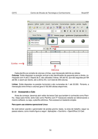 CDTC                   Centro de Difusão de Tecnologia e Conhecimento                Brasil/DF




    Cada planilha se compõe de colunas e linhas, cuja intersecção delimita as células:
Colunas: Estão dispostas na posição vertical e são identiﬁcadas da esquerda para a direita, co-
meçando com A até Z. Depois de Z, são utilizadas 2 letras: AA até AZ, que são seguidas por BA
até BZ, e assim por diante, até a última (IV), num total de 256 colunas.

Linhas: Estão dispostas na posição horizontal e são numeradas de 1 até 32.000. Portanto, a
intersecção entre linhas e colunas gera 8.192.000 células disponíveis.

5.1.4 Acessando o Calc
    Antes de começar, devemos abrir editor de textos Calc que também é conhecido como Plani-
lha. Daqui para frente, tanto Calc como Planilha (com P maiúsculo) estarão se referenciando o
mesmo software, ou seja, a planilha eltrônica. Para acessá-la é bastante simples

Para quem usa sistema operacional Linux

Se você estiver usando o gerenciador de janelas gnome, basta, na área de trabalho, seguir os
passos abaixo, como mostra ﬁgura a seguir: Aplicações > Escritório > OpenOfﬁce 2.0 Calc




                                              50
 
