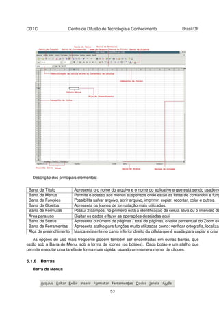 CDTC                  Centro de Difusão de Tecnologia e Conhecimento                    Brasil/DF




   Descrição dos principais elementos:


 Barra de Título         Apresenta o o nome do arquivo e o nome do aplicativo e que está sendo usado no
 Barra de Menus          Permite o acesso aos menus suspensos onde estão as listas de comandos e funç
 Barra de Funções        Possibilita salvar arquivo, abrir arquivo, imprimir, copiar, recortar, colar e outros.
 Barra de Objetos        Apresenta os ícones de formatação mais utilizados.
 Barra de Fórmulas       Possui 2 campos, no primeiro está a identiﬁcação da célula ativa ou o intervalo de
 Área para uso           Digitar os dados e fazer as operações desejadas aqui
 Barra de Status         Apresenta o número de páginas / total de páginas, o valor percentual do Zoom e o
 Barra de Ferramentas    Apresenta atalho para funções muito utilizadas como: veriﬁcar ortograﬁa, localizar
 Alça de preenchimento   Marca existente no canto inferior direito da célula que é usada para copiar e criar
   As opções de uso mais freqüente podem também ser encontradas em outras barras, que
estão sob a Barra de Menu, sob a forma de ícones (os botões). Cada botão é um atalho que
permite executar uma tarefa de forma mais rápida, usando um número menor de cliques.

5.1.6 Barras
   Barra de Menus




                                              53
 