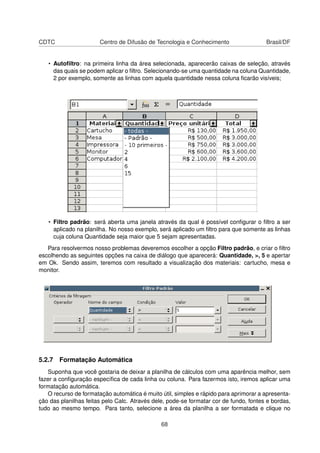 CDTC                   Centro de Difusão de Tecnologia e Conhecimento                  Brasil/DF


   • Autoﬁltro: na primeira linha da área selecionada, aparecerão caixas de seleção, através
     das quais se podem aplicar o ﬁltro. Selecionando-se uma quantidade na coluna Quantidade,
     2 por exemplo, somente as linhas com aquela quantidade nessa coluna ﬁcarão visíveis;




   • Filtro padrão: será aberta uma janela através da qual é possível conﬁgurar o ﬁltro a ser
     aplicado na planilha. No nosso exemplo, será aplicado um ﬁltro para que somente as linhas
     cuja coluna Quantidade seja maior que 5 sejam apresentadas.
   Para resolvermos nosso problemas deveremos escolher a opção Filtro padrão, e criar o ﬁltro
escolhendo as seguintes opções na caixa de diálogo que aparecerá: Quantidade, >, 5 e apertar
em Ok. Sendo assim, teremos com resultado a visualização dos materiais: cartucho, mesa e
monitor.




5.2.7 Formatação Automática
   Suponha que você gostaria de deixar a planilha de cálculos com uma aparência melhor, sem
fazer a conﬁguração especíﬁca de cada linha ou coluna. Para fazermos isto, iremos aplicar uma
formatação automática.
   O recurso de formatação automática é muito útil, simples e rápido para aprimorar a apresenta-
ção das planilhas feitas pelo Calc. Através dele, pode-se formatar cor de fundo, fontes e bordas,
tudo ao mesmo tempo. Para tanto, selecione a área da planilha a ser formatada e clique no

                                               68
 