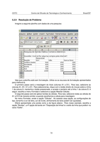 CDTC                   Centro de Difusão de Tecnologia e Conhecimento                 Brasil/DF


5.2.9 Resolução de Problema
   Imagine a seguinte planilha com dados de uma pesquisa:




    Veja que a planilha está sem formatação. Utilize os os recursos de formatação apresentados
para melhorá-la.
    O primeiro passo será a mesclagem do título (colunas A1 a D1). Para isso, selecione as
colunas A1, B1, C1 e D1. Para selecioná-las, clique com o botão direito do mouse sobre a linha
1 da coluna A, mantenha o botão pressionado, e arraste o ponteiro até a linha 1 da coluna D. A
seguir, escolha o menu Formatar e selecione a opção Mesclar Células .
    O segundo passo será de aplicar bordas às células. Para isso, selecione todas as células de
A1 a D10 de maneira similar a quando escolhemos a célula para mesclagem.
    No menu Formatar, existe a opção "Células". Ao acessar essa opção, as conﬁgurações de
tipo, tamanho e cor de letra, cor de fundo, alinhamento do texto podem ser ajustadas.
    SSerá apresentada uma janela como a da ﬁgura abaixo. Para nosso exemplo, escolha a
opção "Bordas", a 4ª opção de borda em "Disposição de linhas"e o estilo de linha que preferir na
caixa "Estilo".




                                              72
 