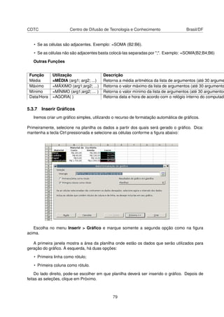 CDTC                  Centro de Difusão de Tecnologia e Conhecimento                 Brasil/DF


   • Se as células são adjacentes. Exemplo: =SOMA (B2:B6).

   • Se as células não são adjacentes basta colocá-las separadas por ";". Exemplo: =SOMA(B2;B4;B6)

   Outras Funções


 Função      Utilização                  Descrição
 Média       =MÉDIA (arg1; arg2; ...)    Retorna a média aritmética da lista de argumentos (até 30 argume
 Máximo      =MÁXIMO (arg1;arg2; ...)    Retorna o valor máximo da lista de argumentos (até 30 argumento
 Mínimo      =MÍNlMO (arg1;arg2; ... )   Retorna o valor mínimo da lista de argumentos (até 30 argumentos
 Data/Hora   =AGORA( )                   Retorna data e hora de acordo com o relógio interno do computado

5.3.7 Inserir Gráﬁcos
   Iremos criar um gráﬁco simples, utilizando o recurso de formatação automática de gráﬁcos.

Primeiramente, selecione na planilha os dados a partir dos quais será gerado o gráﬁco. Dica:
mantenha a tecla Ctrl pressionada e selecione as células conforme a ﬁgura abaixo:




   Escolha no menu Inserir > Gráﬁco e marque somente a segunda opção como na ﬁgura
acima.

   A primeira janela mostra a área da planilha onde estão os dados que serão utilizados para
geração do gráﬁco. À esquerda, há duas opções:

   • Primeira linha como rótulo;

   • Primeira coluna como rótulo.

    Do lado direito, pode-se escolher em que planilha deverá ser inserido o gráﬁco. Depois de
feitas as seleções, clique em Próximo.



                                              79
 
