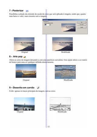 7 - Posterizar
Possibilita a seleção da extensão da escala de cores que será aplicada à imagem, sendo que, quanto
mais baixo o valor, mais cinzenta será a imagem.




               Original                                           Modificada

8 - Arte pop
Altera as cores da imagem deixando-a com uma aparência surrealista. Esta opção altera a cor matriz
de branco para uma cor qualquer definida aleatoriamente.




                 Original                                            Modificada


9 – Desenho em carvão
Exibe apenas os traços principais da imagem, sem as cores.




         Original                                             Modificada




                                                 12
 