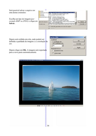 Será possível salvar o arquivo em
uma destas extensões:


Escolha um tipo de imagem (por
exemplo BMP ou JPEG) e clique em
Salvar.




Depois será exibida esta tela, onde poderá ser
definida a qualidade da imagem e e a resolução da
cor.


Depois clique em OK. A imagem será exportada
para a nova pasta automaticamente.




                                                30
 