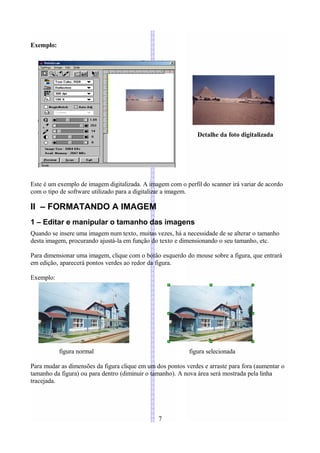 Exemplo:




                                                               Detalhe da foto digitalizada




Este é um exemplo de imagem digitalizada. A imagem com o perfil do scanner irá variar de acordo
com o tipo de software utilizado para a digitalizar a imagem.

II – FORMATANDO A IMAGEM
1 – Editar e manipular o tamanho das imagens
Quando se insere uma imagem num texto, muitas vezes, há a necessidade de se alterar o tamanho
desta imagem, procurando ajustá-la em função do texto e dimensionando o seu tamanho, etc.

Para dimensionar uma imagem, clique com o botão esquerdo do mouse sobre a figura, que entrará
em edição, aparecerá pontos verdes ao redor da figura.

Exemplo:




           figura normal                                   figura selecionada

Para mudar as dimensões da figura clique em um dos pontos verdes e arraste para fora (aumentar o
tamanho da figura) ou para dentro (diminuir o tamanho). A nova área será mostrada pela linha
tracejada.




                                                7
 