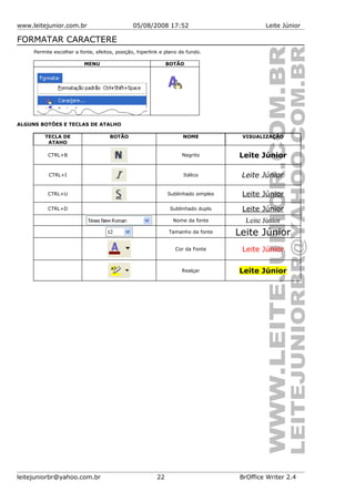 www.leitejunior.com.br 05/08/2008 17:52 Leite Júnior
FORMATAR CARACTERE
Permite escolher a fonte, efeitos, posição, hiperlink e plano de fundo.
MENU BOTÃO
ALGUNS BOTÕES E TECLAS DE ATALHO
TECLA DE
ATAHO
BOTÃO NOME VISUALIZAÇÃO
CTRL+B Negrito Leite Júnior
CTRL+I Itálico Leite Júnior
CTRL+U Sublinhado simples Leite Júnior
CTRL+D Sublinhado duplo Leite Júnior
Nome da fonte Leite Júnior
Tamanho da fonte Leite Júnior
Cor da Fonte Leite Júnior
Realçar Leite Júnior
leitejuniorbr@yahoo.com.br 22 BrOffice Writer 2.4
 